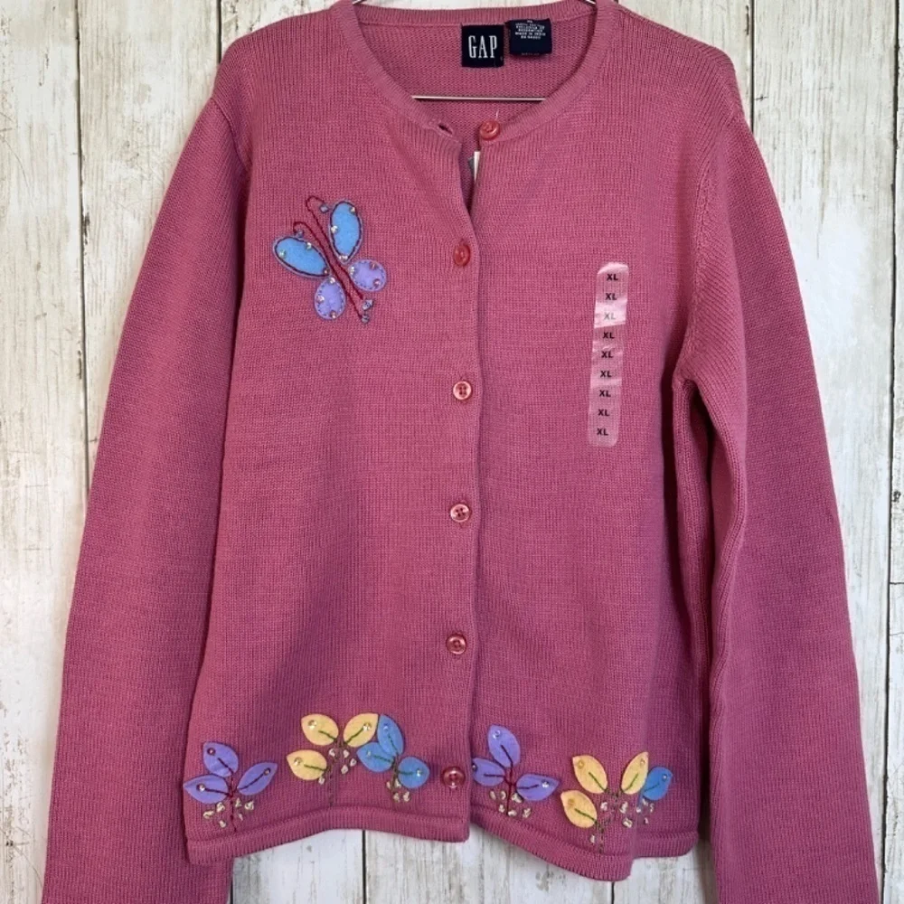 Gap Girls Cardigan Sweater XL Pink Flower Butterfly Appliqués Artsy NEW